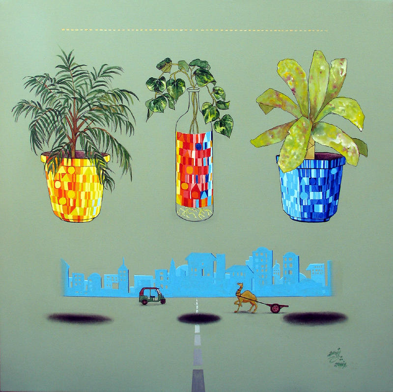 Ahemdabad Painting Artist Camp 2014_City life 2,36x36 Inches,Acrylic Charcoal on Canvas