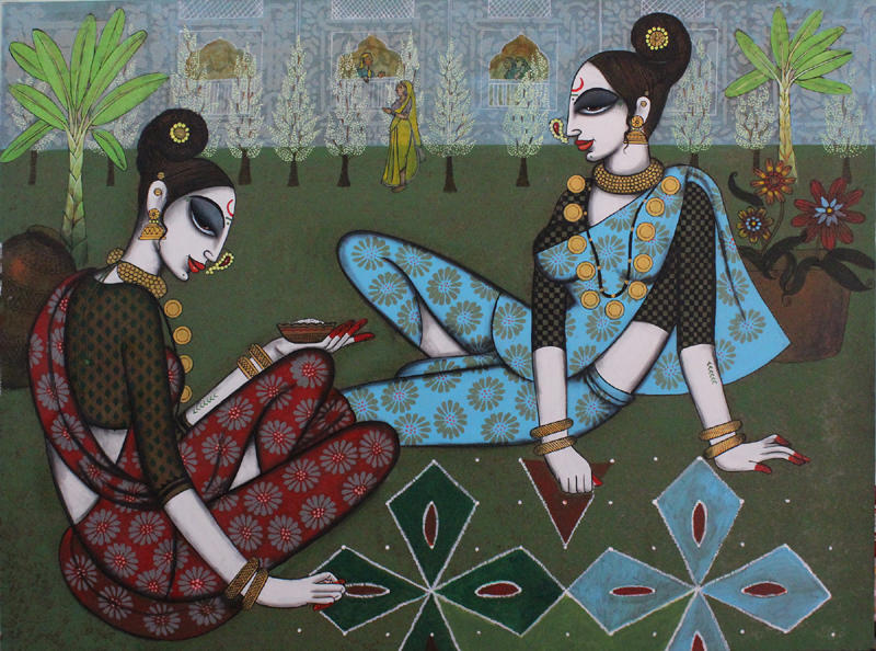 Two Friends making Rangoli, 30X40 Inch,Acrylic charcoal on Canvas