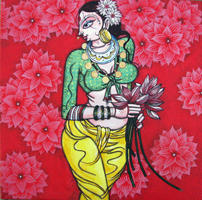 Women with Lotus18x18 Inches,Acrylic on canvas